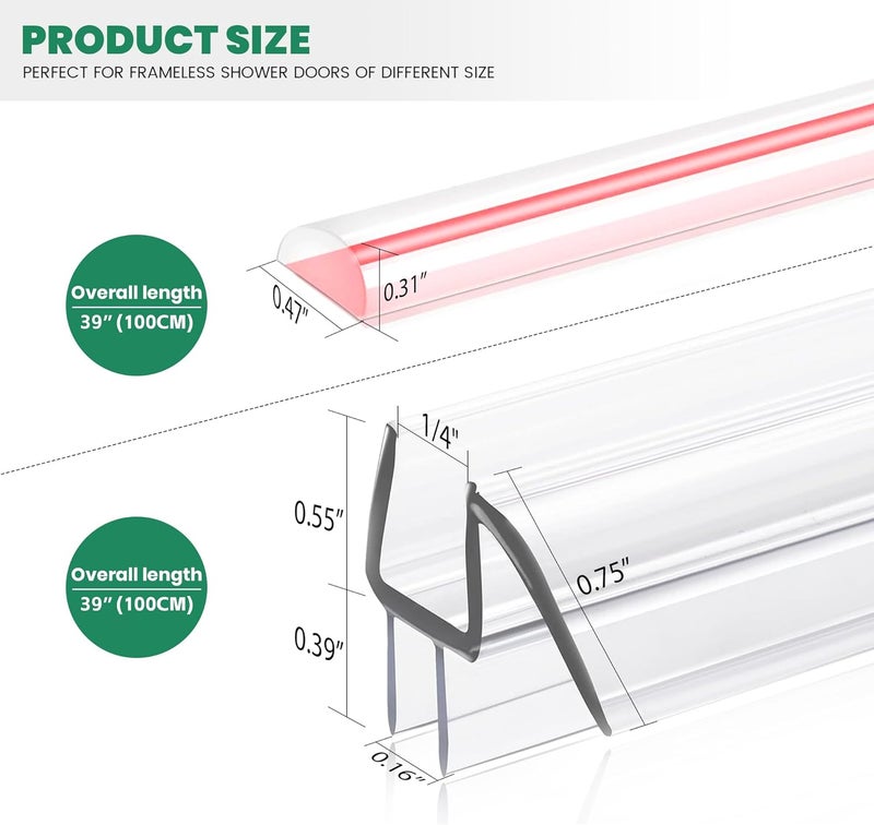PHMUNY Glass Door Bottom Seal, 1/4" x 39" Shower Door Clear Silicone Seal Strip and PVC Base Set, Frameless Doors Bottom Sweep Glass-Stop Shower Leaks Frameless Shower Doors - Image 2